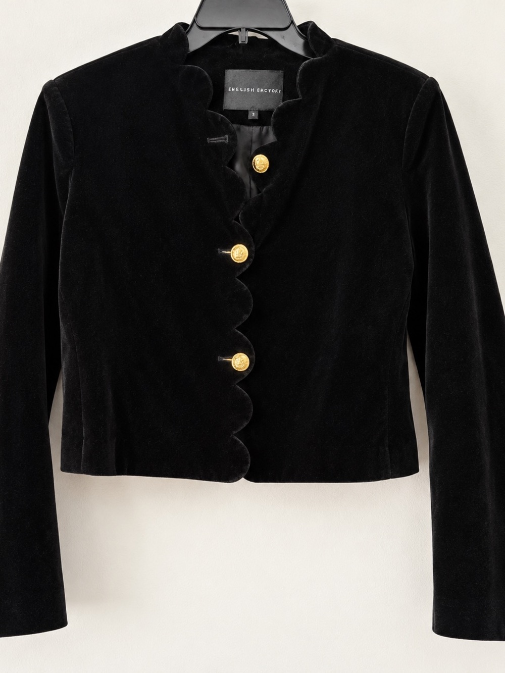 NWOT English Factory Black Velvet Scalloped Front Blazer with Gold Buttons